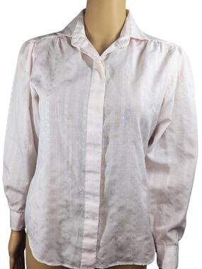 1980s Blush Pink Jacquard Fabric Button Up Long Sleeve Shirt Size Small Petite